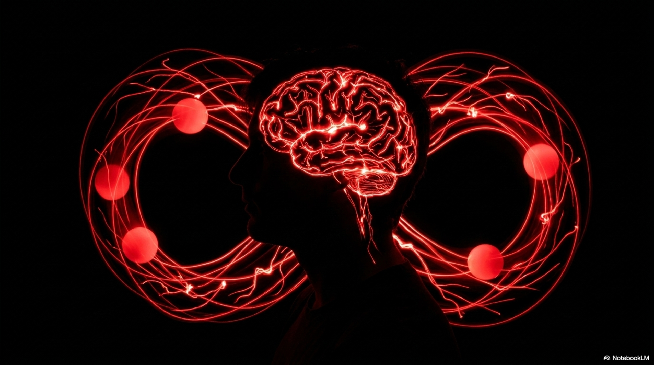 A glowing red brain at the centre of a double infinity symbol with orbital nodes, representing the cognitive loop that juggling activates.