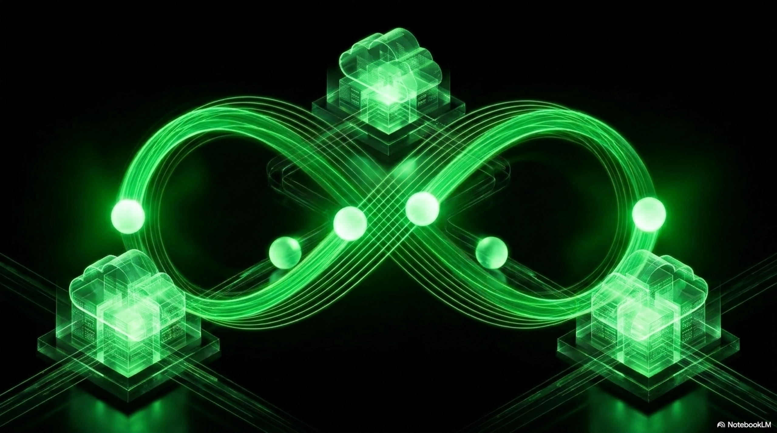 A green infinity symbol traced between glowing cloud node icons, representing the cascade pattern as a distributed network topology.