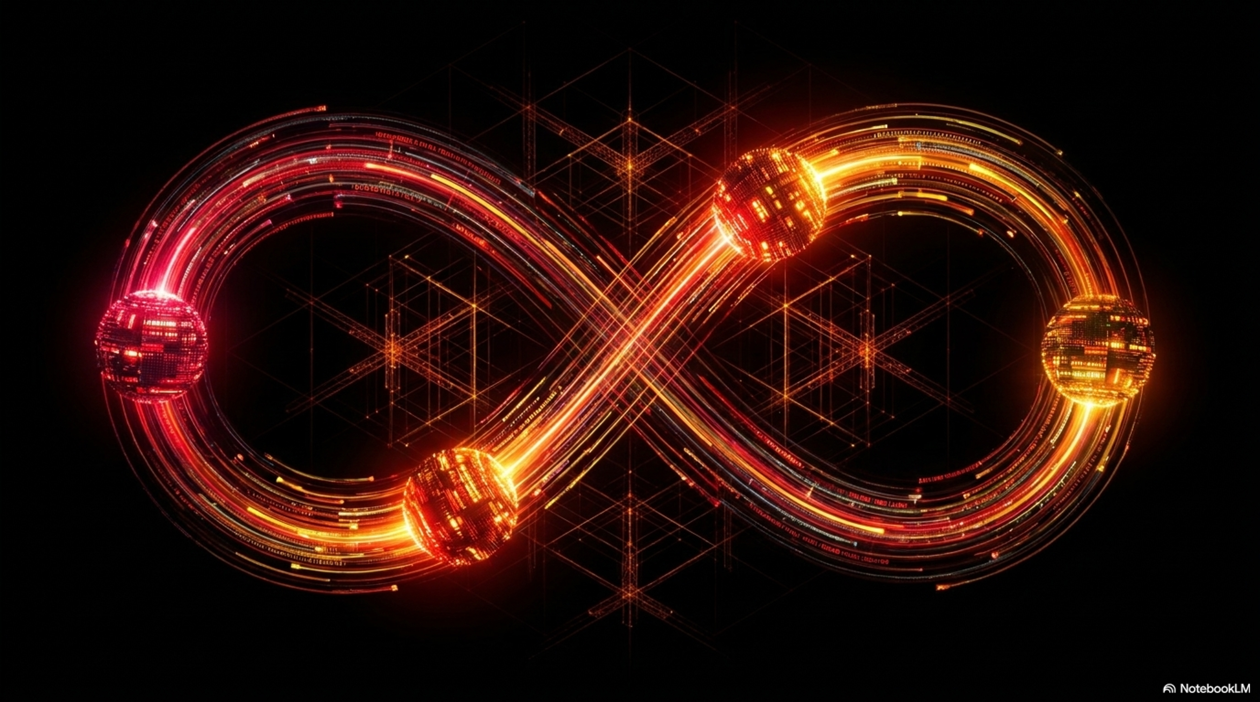 An amber infinity loop with circuit board overlay, representing technical elegance and the continuous loop of a well-designed pipeline.