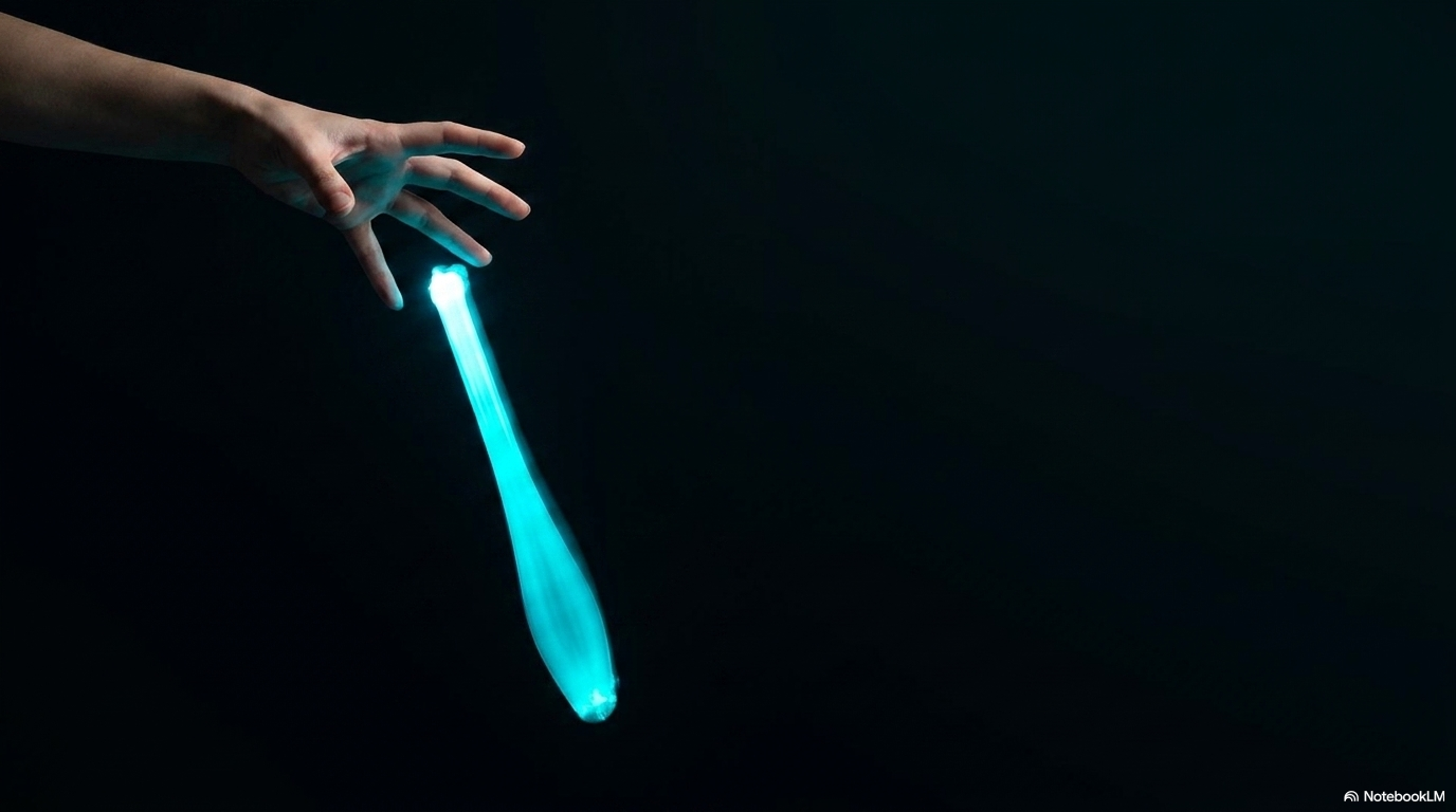 A hand mid-motion with a glowing club falling away, a cyan light trail still tracing the rest of the juggling pattern.
