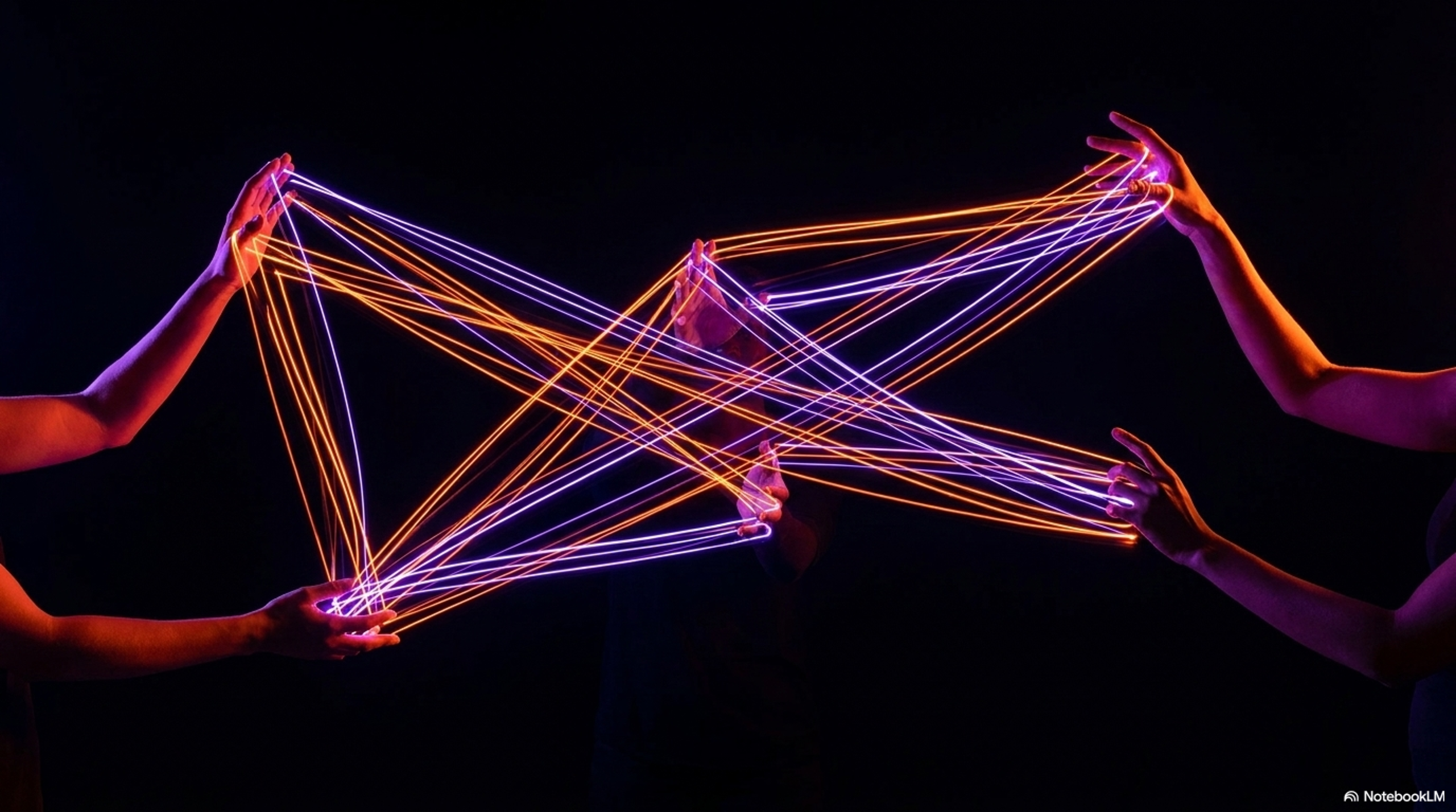 Hands holding a complex cat's cradle of neon threads: the intricate web of service-to-service connections that a mesh manages.