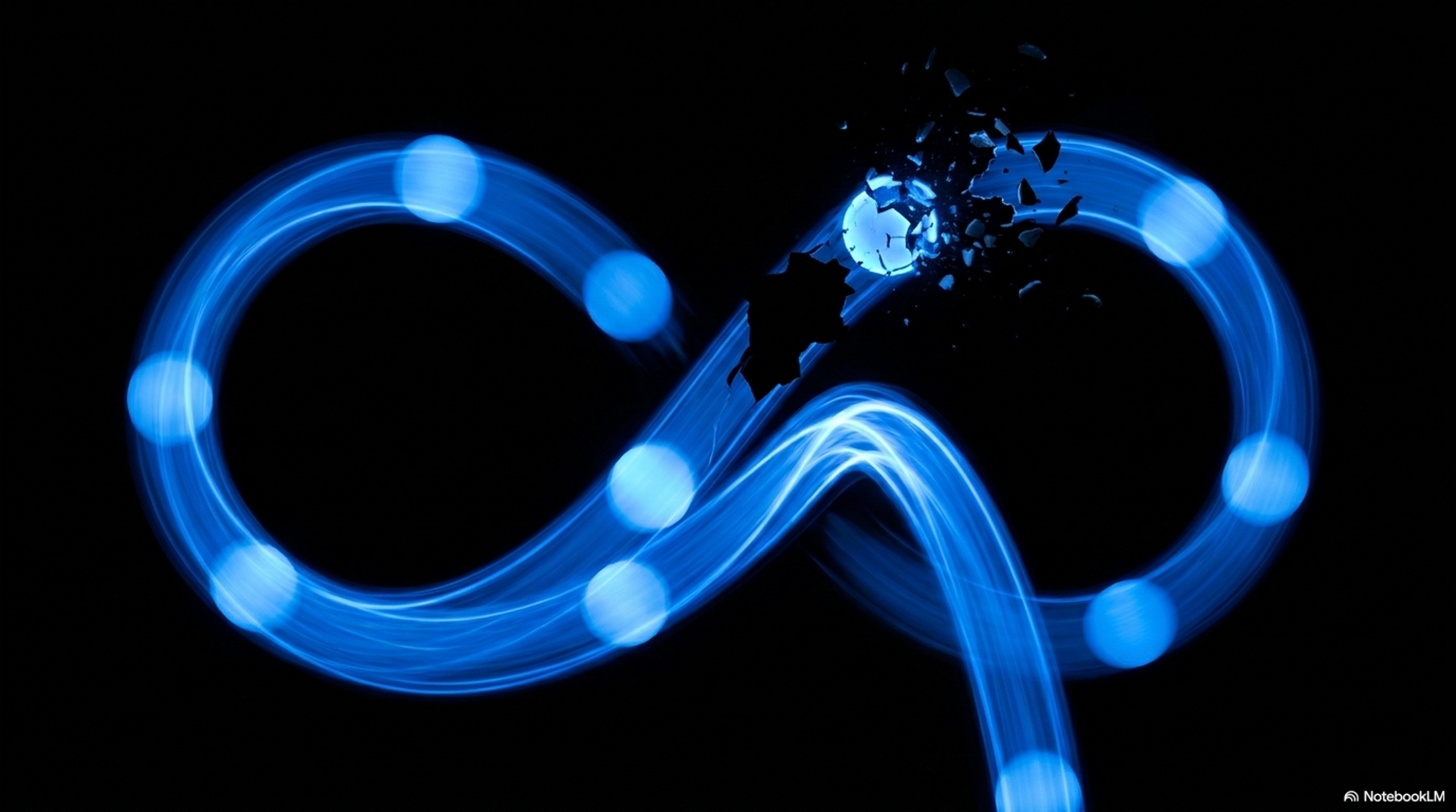 A blue neon infinity loop with one arc shattering, representing designed-for-failure and the breaking point in resilience patterns.