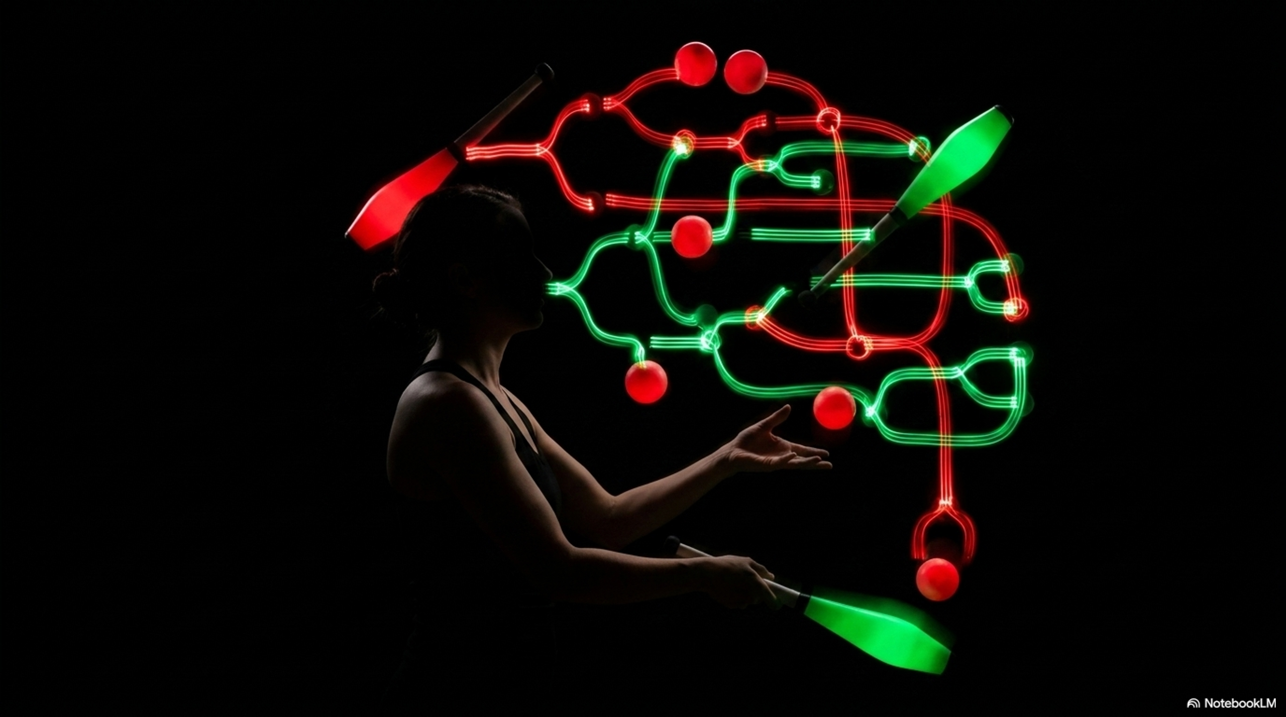 A silhouette juggler with a red and green circuit-brain traced above, representing the cognitive pattern recognition that expert juggling activates.