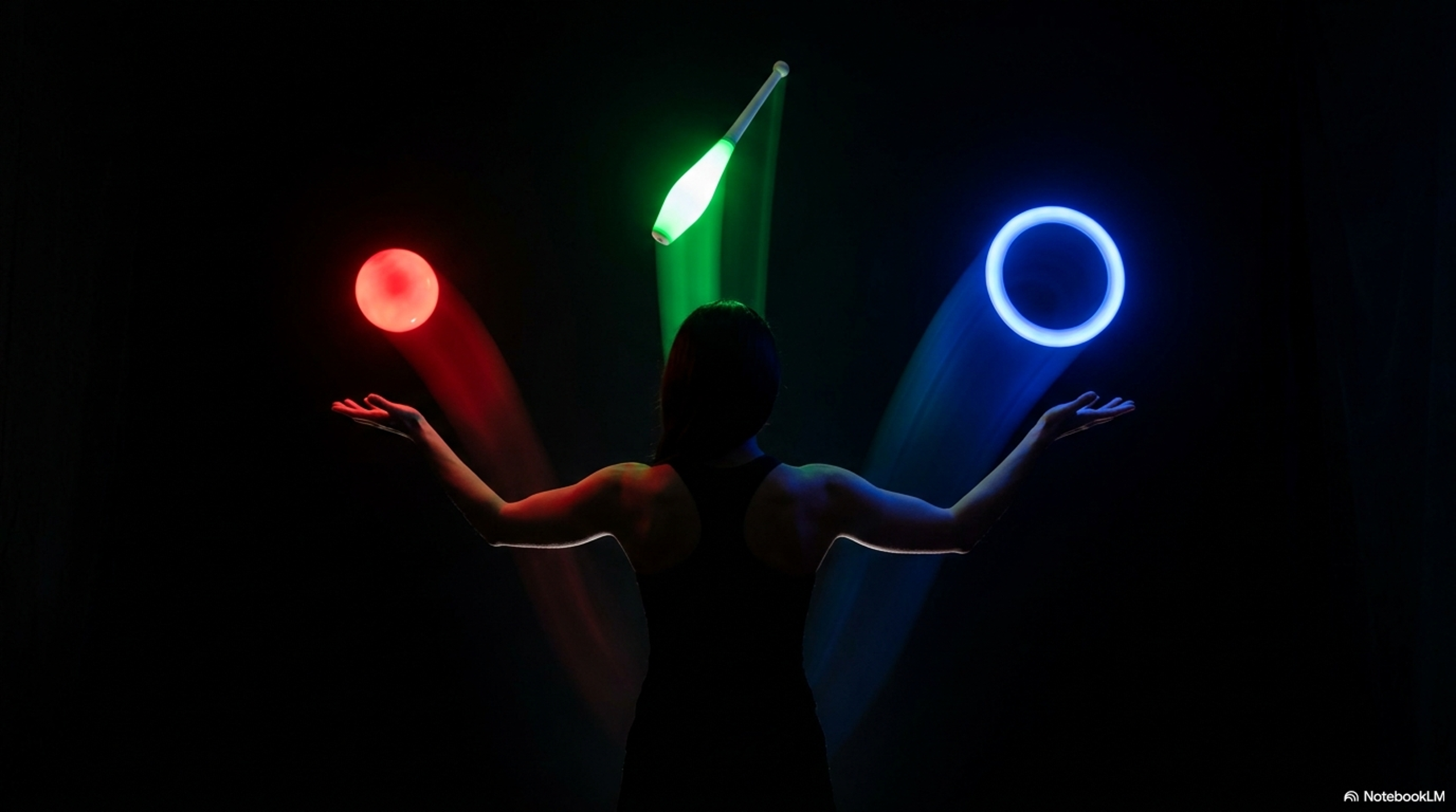A dark silhouette juggling three neon props: a red ball, green club, and blue ring against a black background.