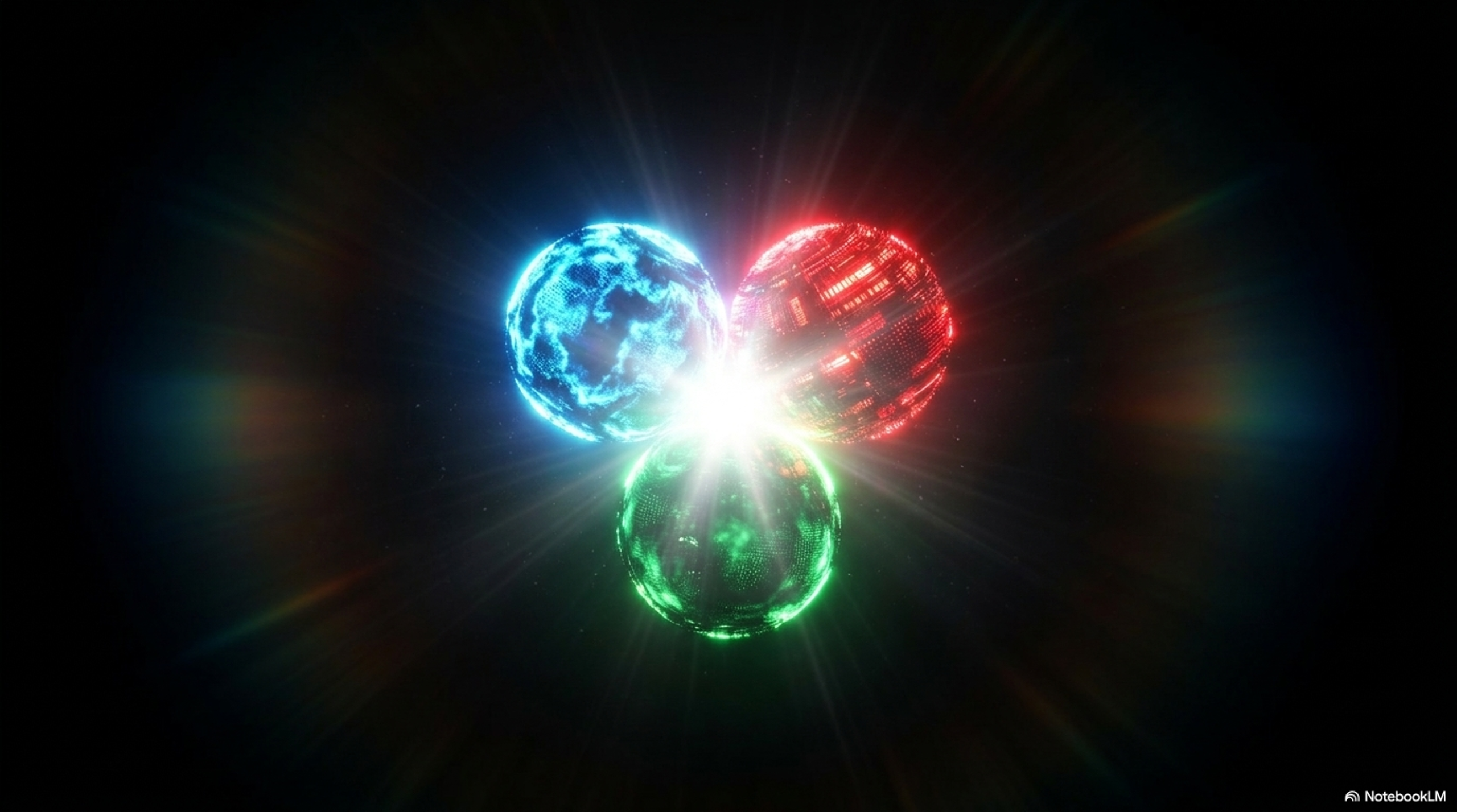 Three glowing spheres converging on a black background, representing a small team coordinating closely.