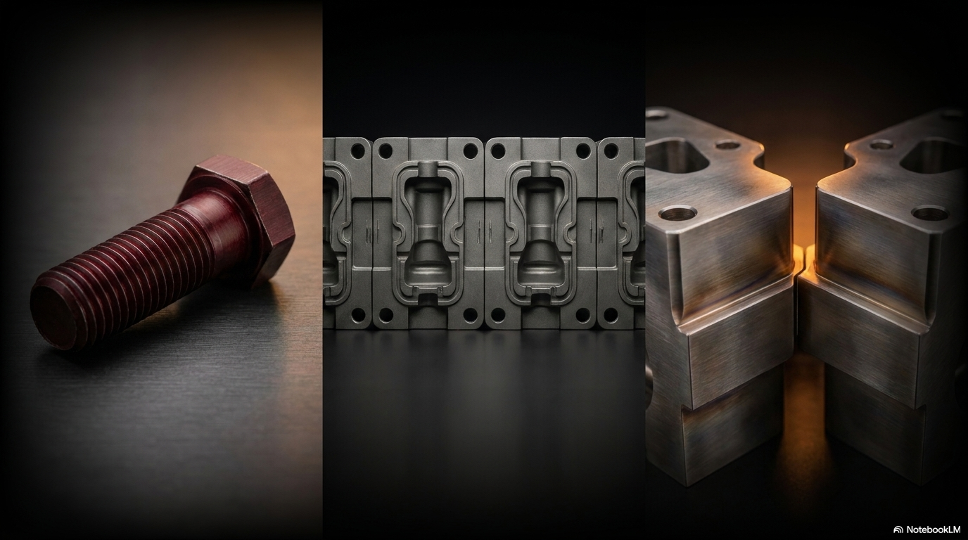 A copper bolt, a dark precision mold, and interlocking metal blocks, representing the structural precision and modularity required in legal AI systems.