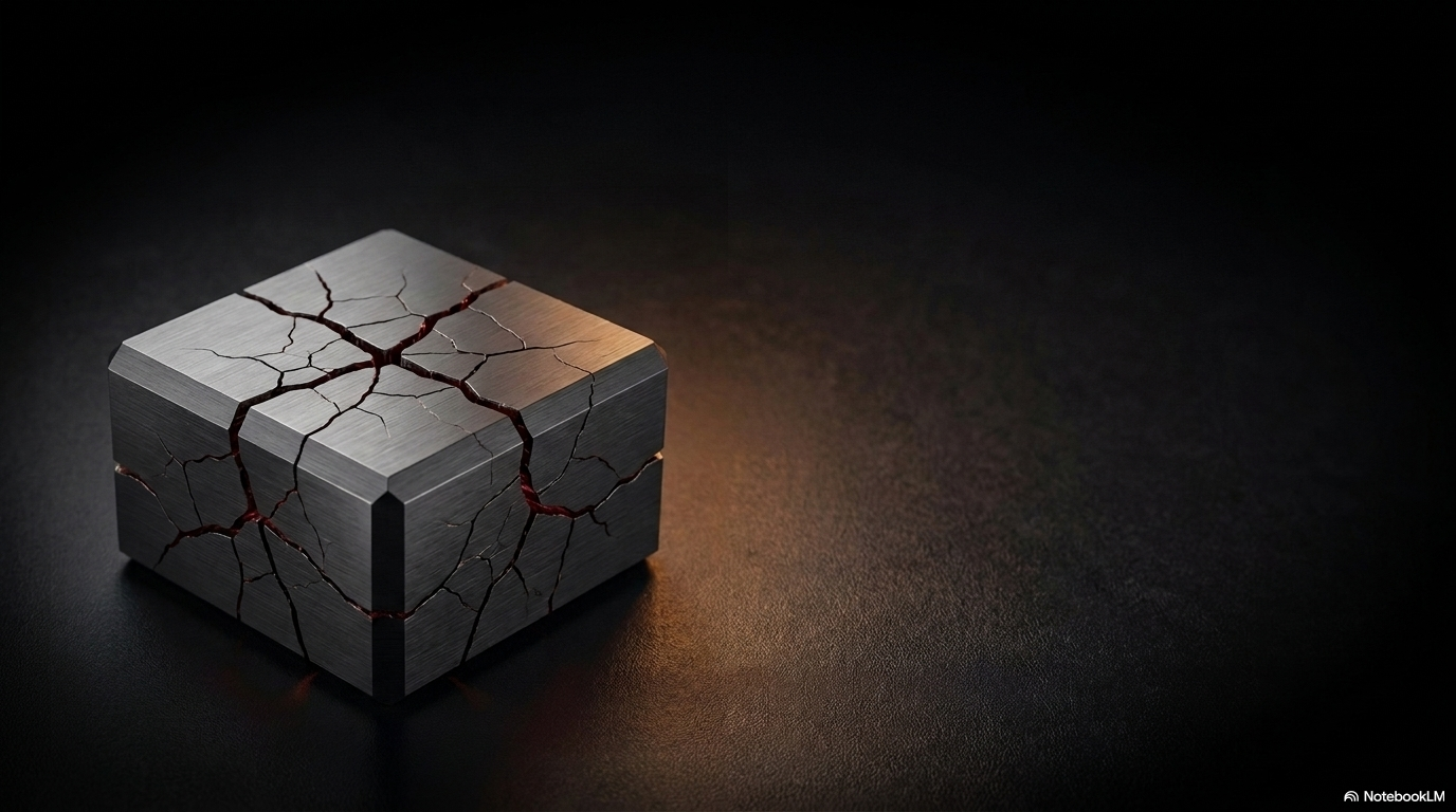 A dark grey cube with glowing red cracks radiating from internal pressure, representing hidden fragility and technical debt in a system.