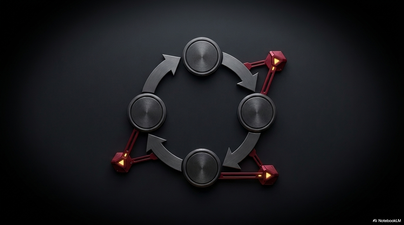 A circular five-node cycle made of dark grey discs and red connectors, representing the continuous feedback loop of agile development.