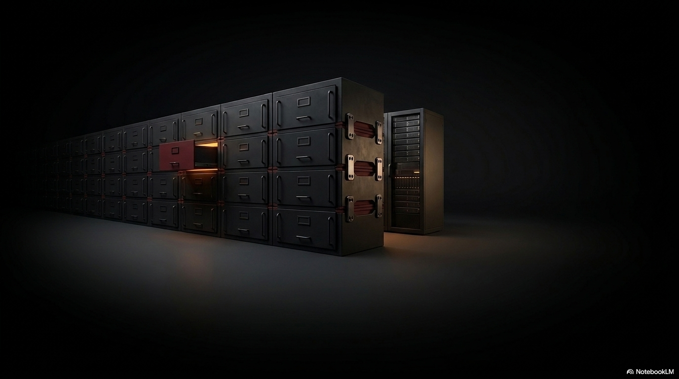 A long dark bank of filing cabinets with one drawer open, glowing amber, representing a selected record retrieved from a large archive.