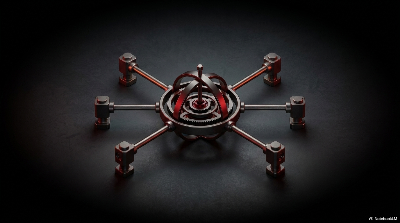 A mechanical spider hub with six copper arms extending outward, representing orchestration, direction, and the human-AI collaboration pattern.