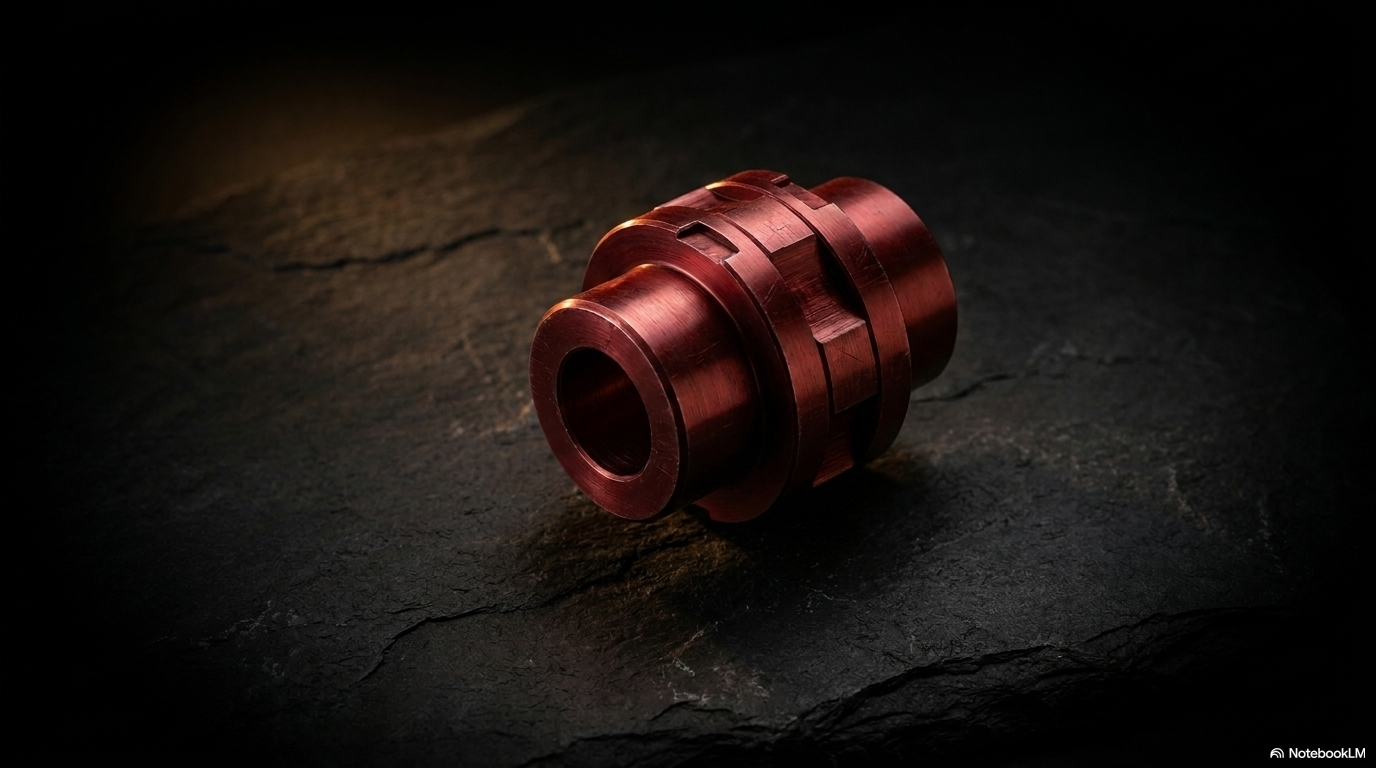 A precise machined copper lens on dark slate, focusing toward a point. No em-dashes.