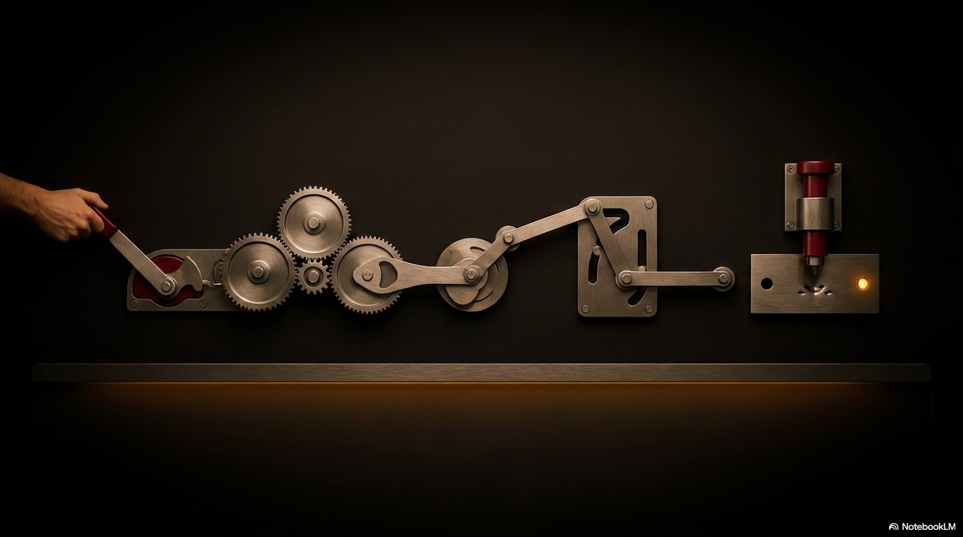 A hand pushing a lever through a mechanical chain, representing human-triggered automation and the moment a predictive signal becomes a maintenance action.