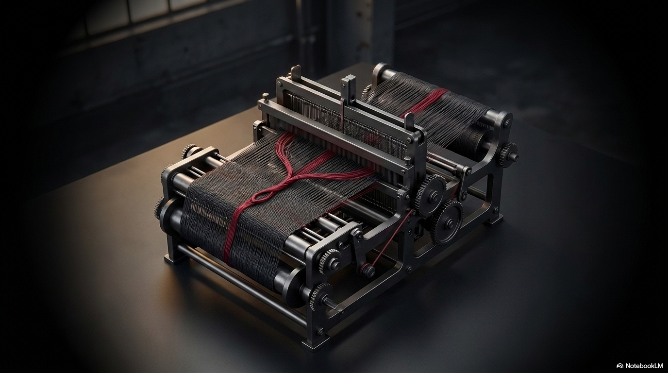 A dark industrial loom with a red wire threading precisely through its constraints, representing structured data extraction from complex documents.