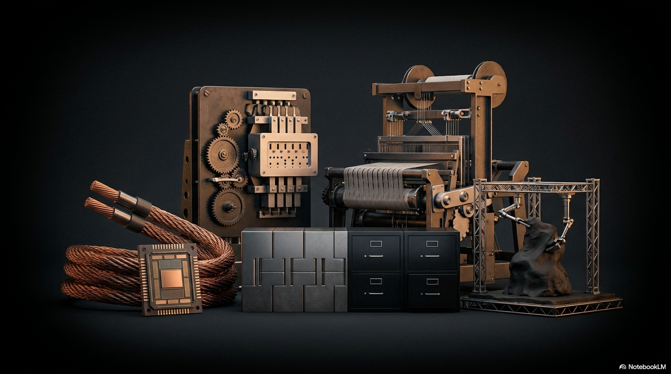 A composite of mechanical systems: a textile loom, copper cables, a filing cabinet, and scaffolding, representing the interconnected infrastructure of a warehouse operation.