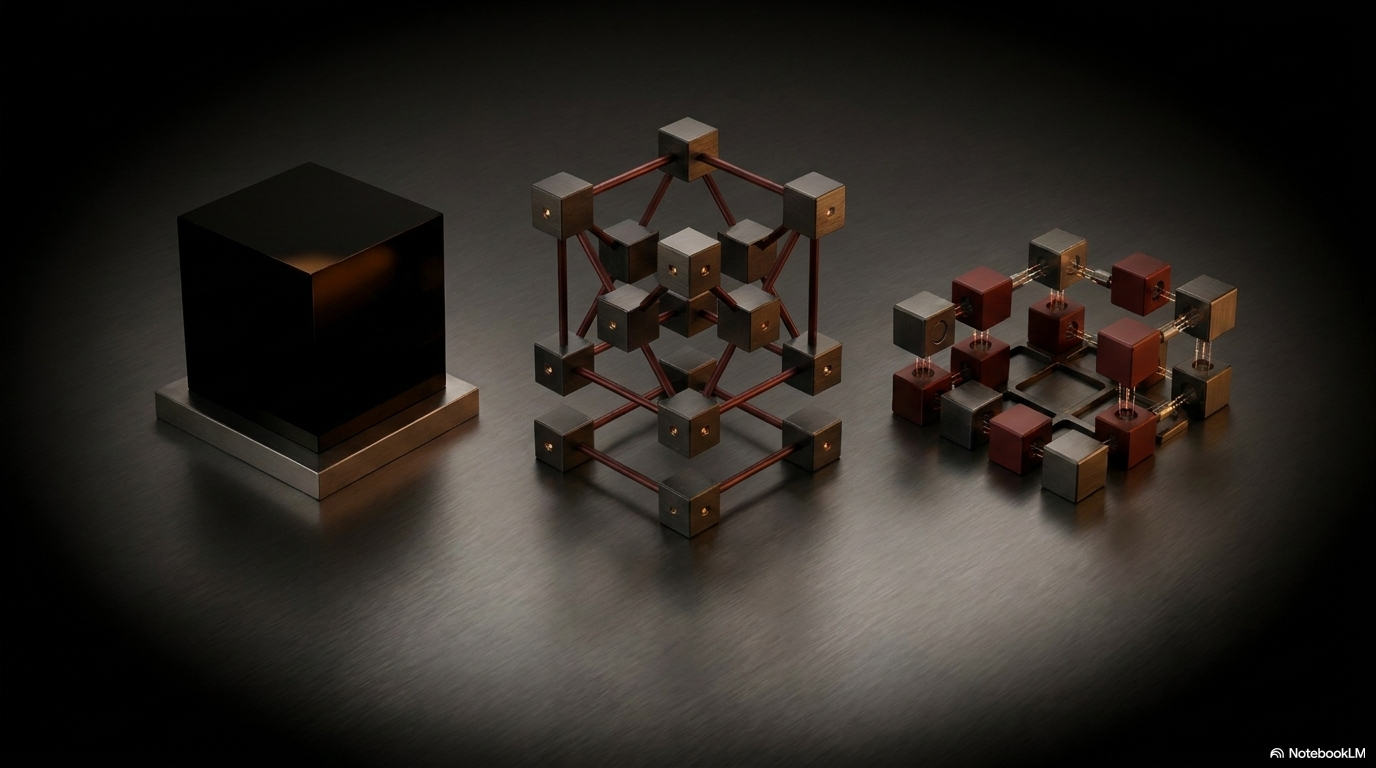 Three stages shown left to right: a solid dark cube, a copper wire lattice cube, and scattered distributed nodes, representing architectural evolution.