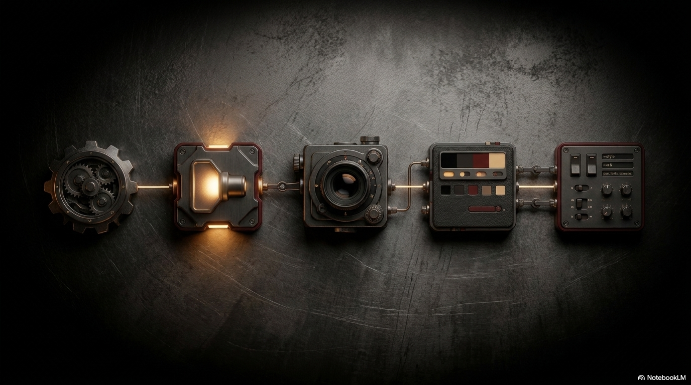 Industrial components arranged in sequence: gear, light source, camera, radio, panel, representing pipeline stages and connected tools.