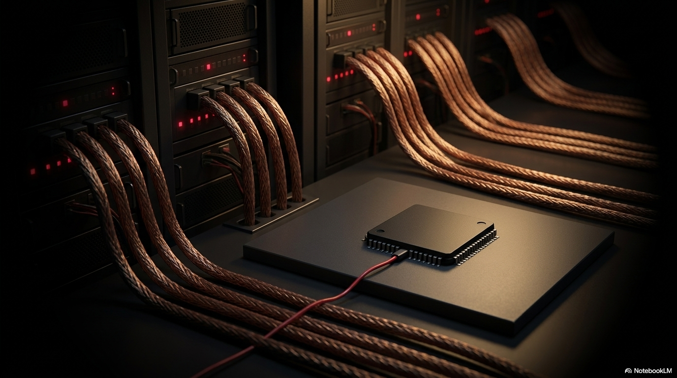 A dark server rack threaded with copper braided cables, representing the low-level wiring between software and hardware that the C language exposes.