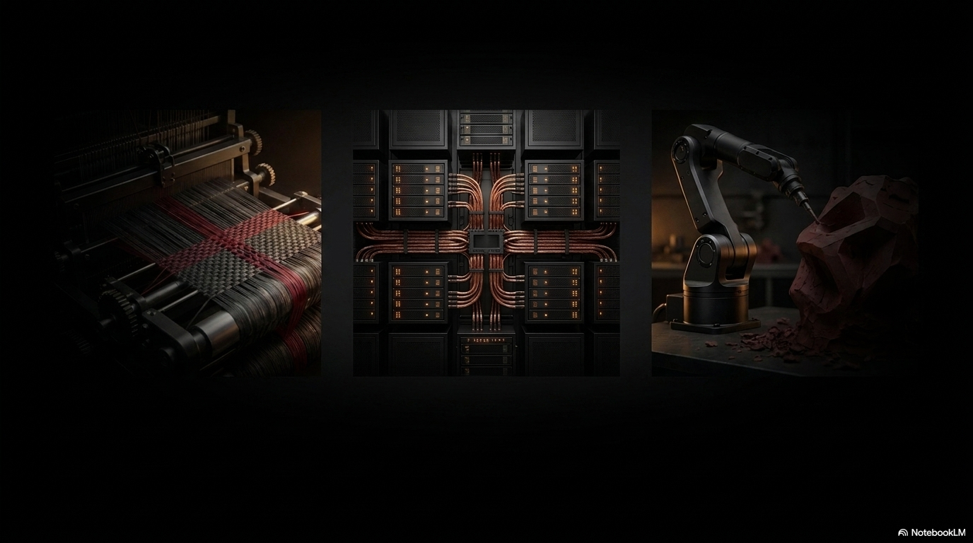 A triptych of woven textile, server rack, and robotic arm, representing an enterprise AI and data platform.