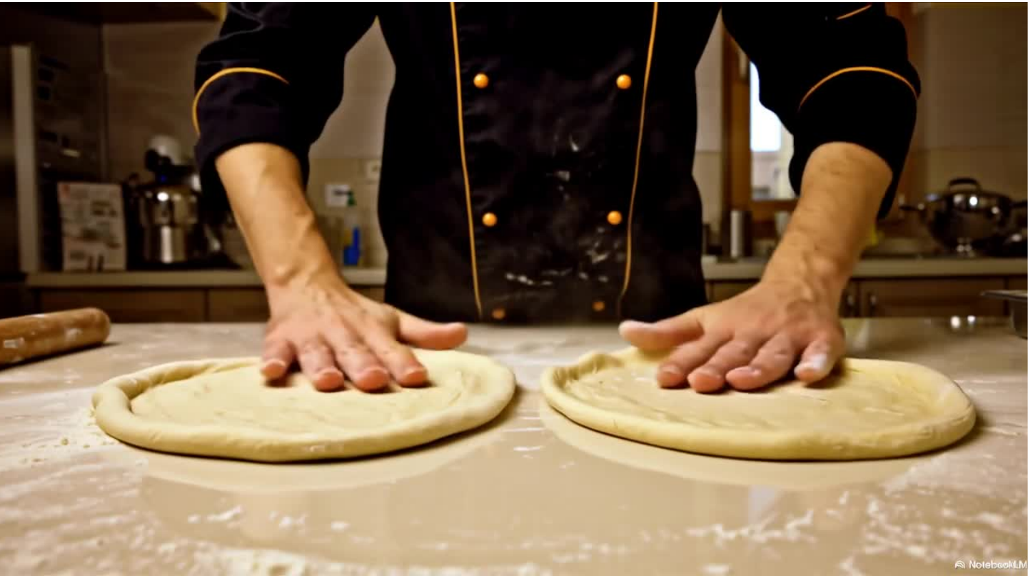 Two rounds of pizza dough resting side by side on a floured surface.