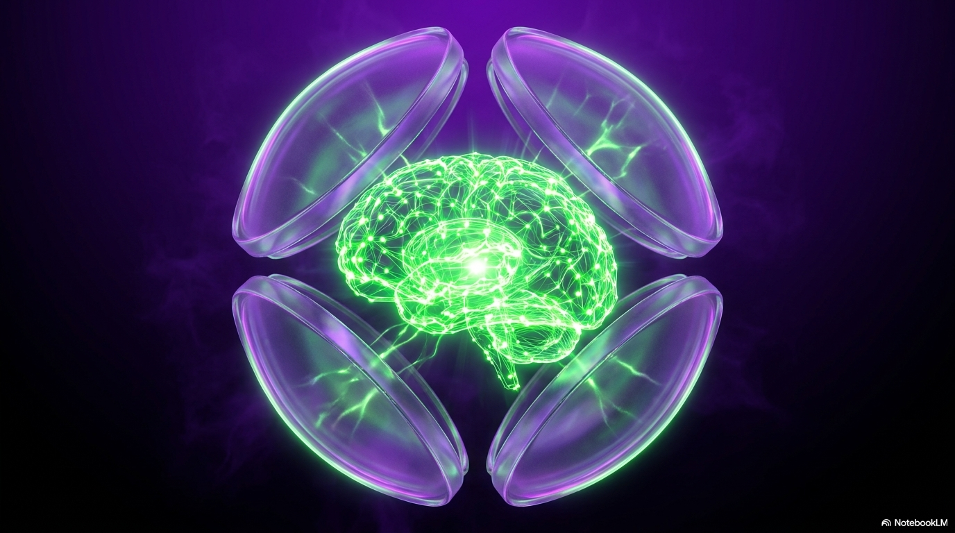 A glowing brain encased in a protective glass shell: the model's intelligence contained within infrastructure that makes it accessible and safe.