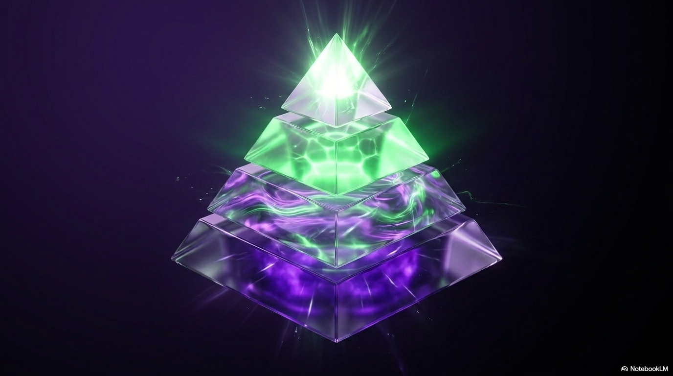 A translucent layered pyramid glowing green at the apex. The hype cycle is a maturity model: a technology climbs through stages before it becomes genuinely productive.