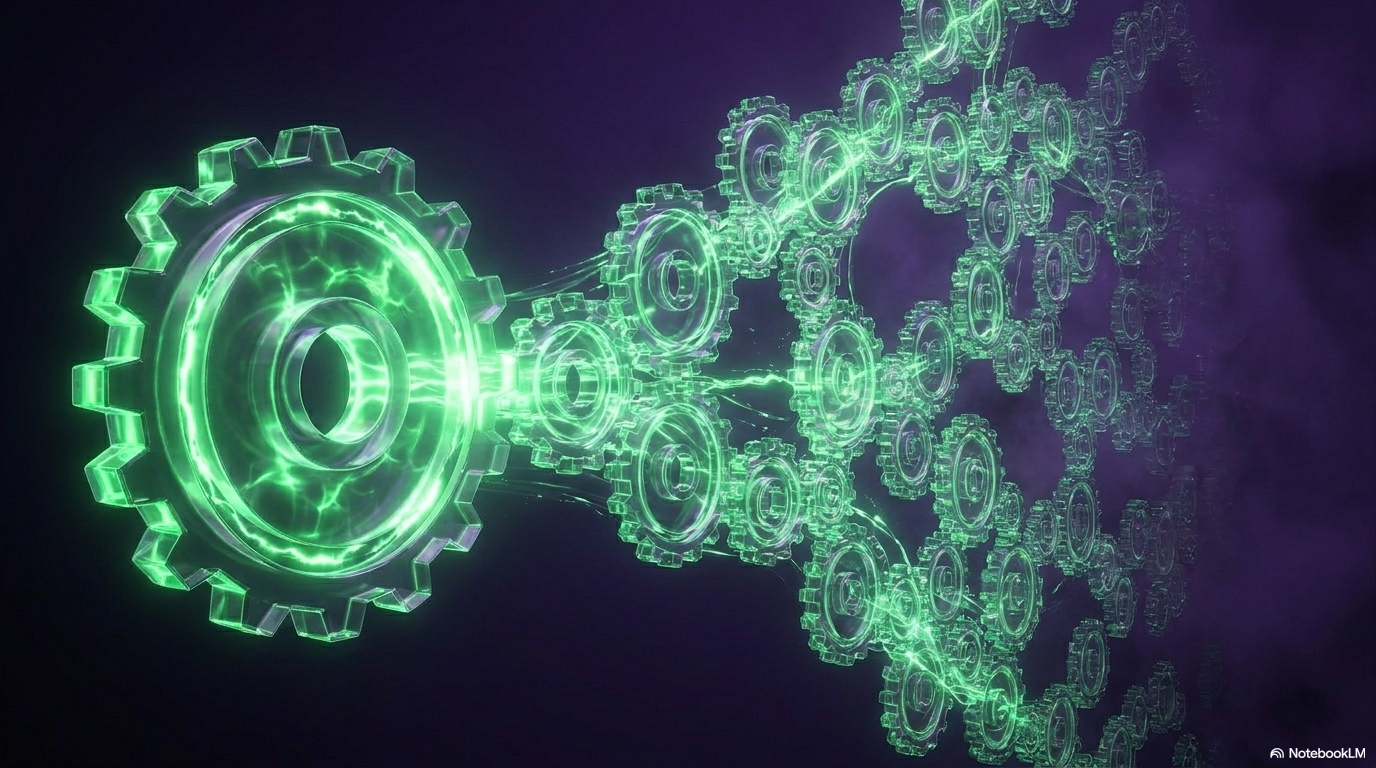 A chain of green wireframe gears radiating into a network, representing evaluating a whole AI system rather than one model.