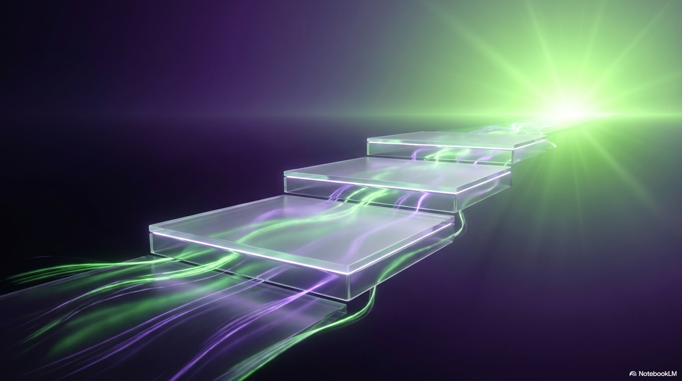 Three glowing glass platforms rising like a staircase, standing for the steps from a free playground to a real running system.