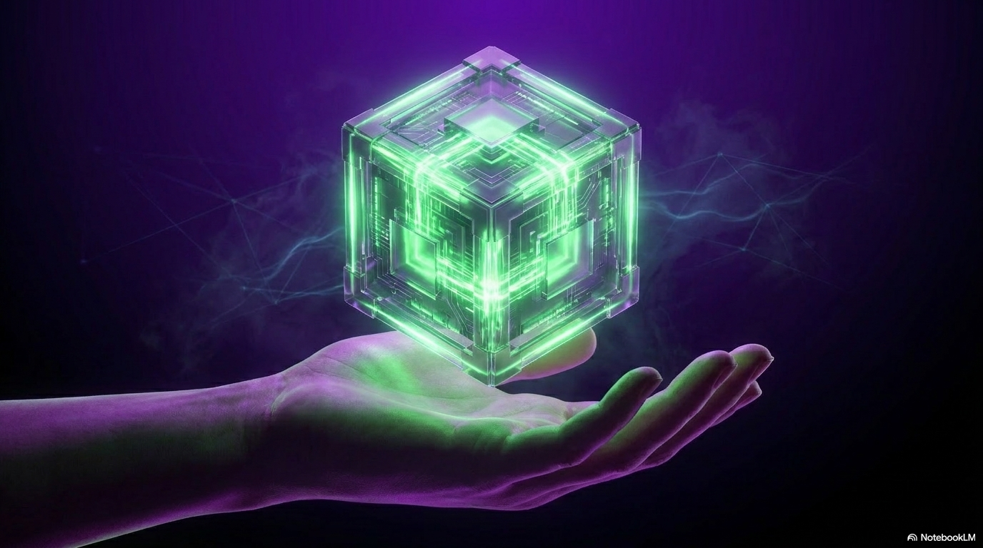A hand holding a small glowing green crystal cube on a dark background. No em-dashes.