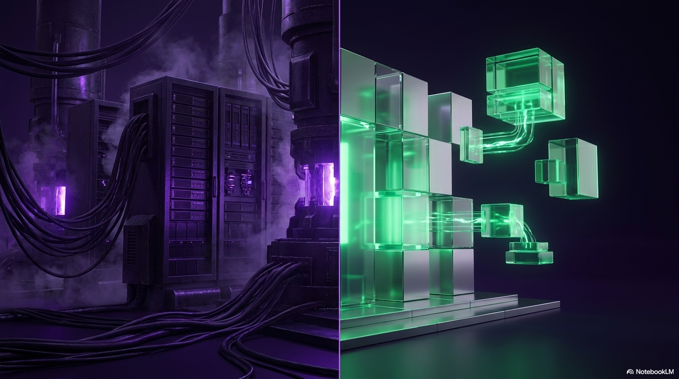 A split image: dark cables and a purple server rack on the left, bright green modular cubes on the right, representing the architectural shift from legacy insurance systems to modern AI-enabled platforms.