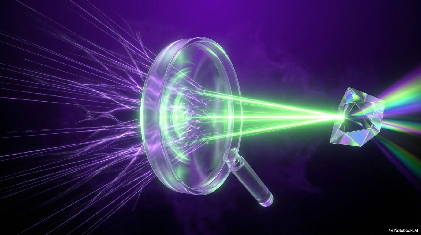 A glass lens focusing a green laser into a fractured prism of light, representing one prompt splitting into different image outputs.