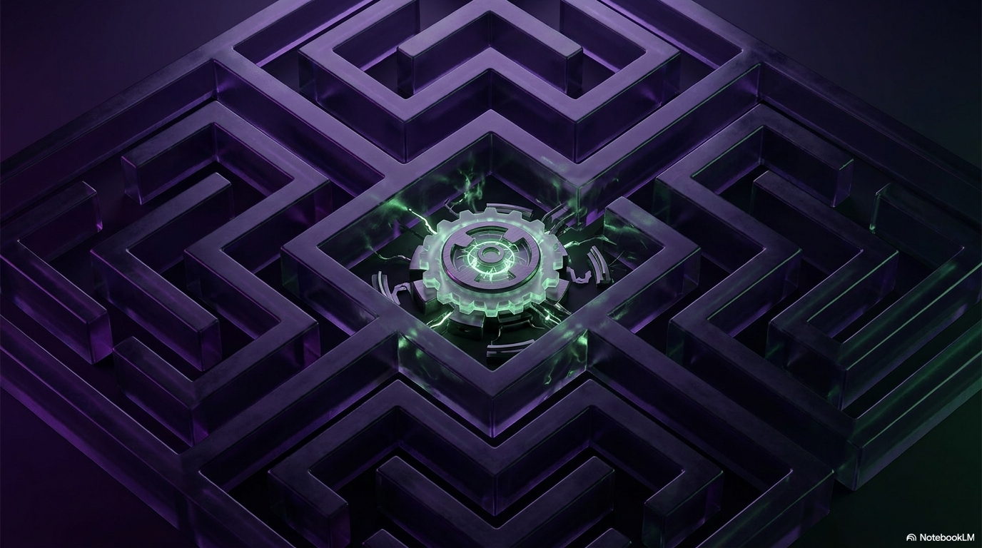 A dark labyrinth viewed from above with a glowing green mechanism at the centre, representing geospatial pattern detection across complex terrain data.