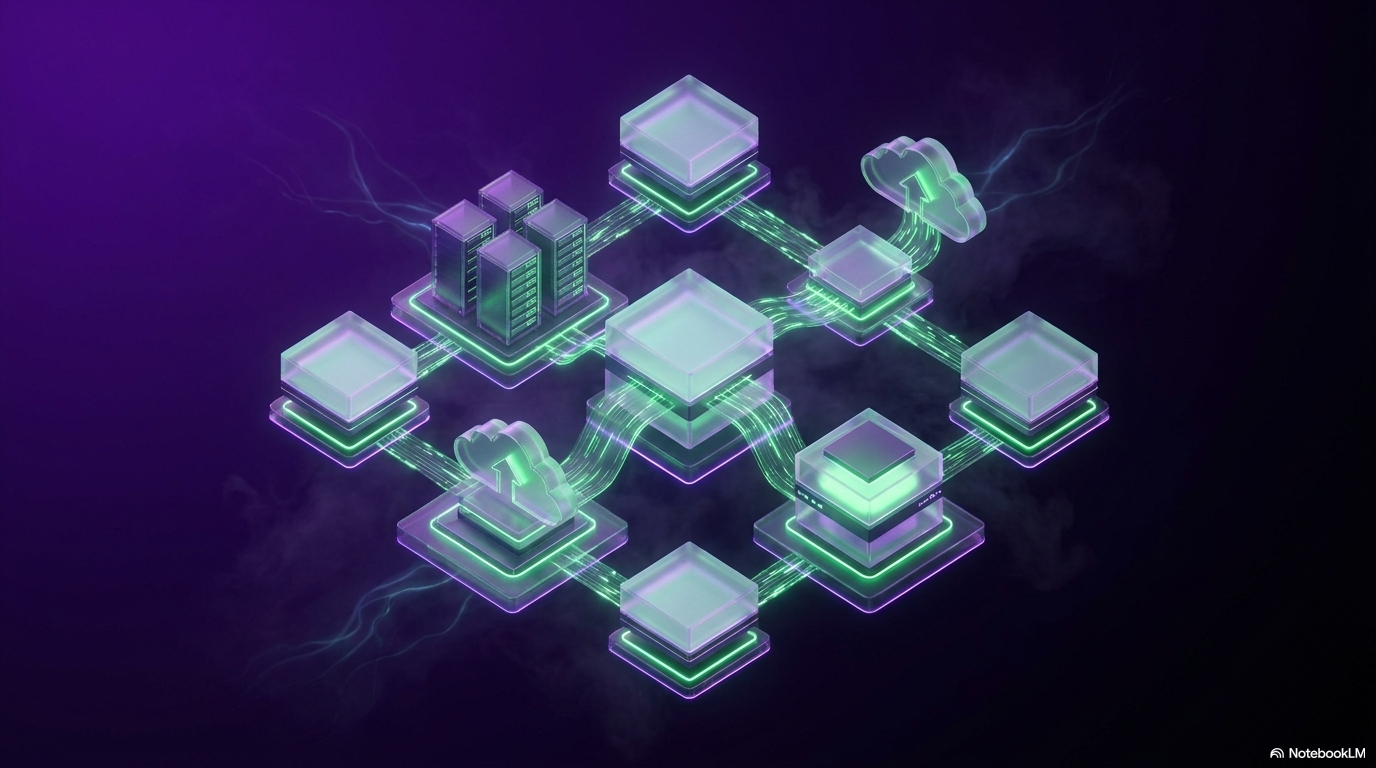 Floating interconnected purple and teal nodes, representing a platform serving many open models.