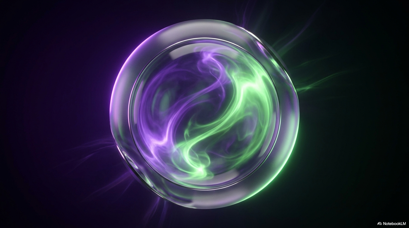 Glass sphere containing swirling purple and green plasma energy: a latent diffusion model holds a compressed representation of visual knowledge, releasing it as an image.