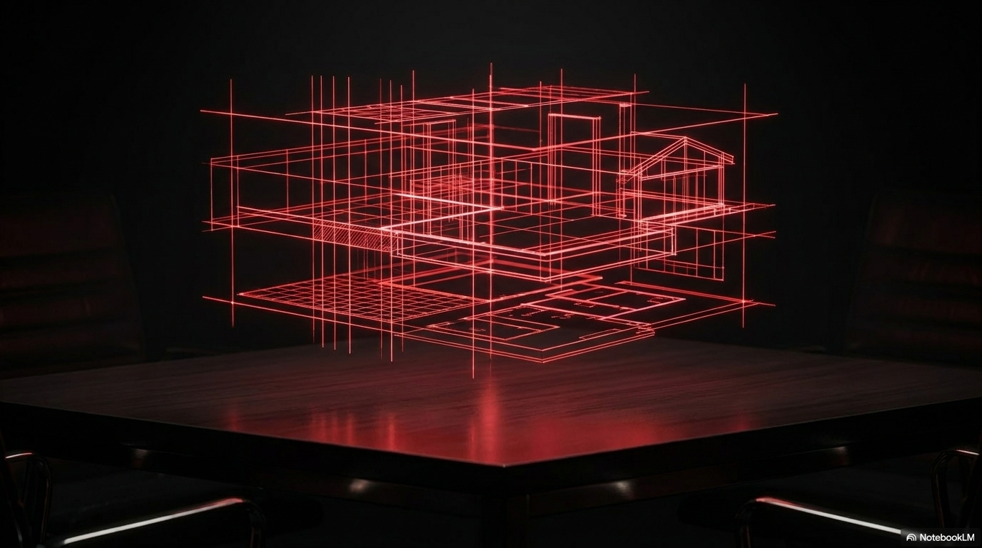 Dark boardroom table with a red wireframe building hologram floating above it: an AI system turning a brief into a structured presentation.