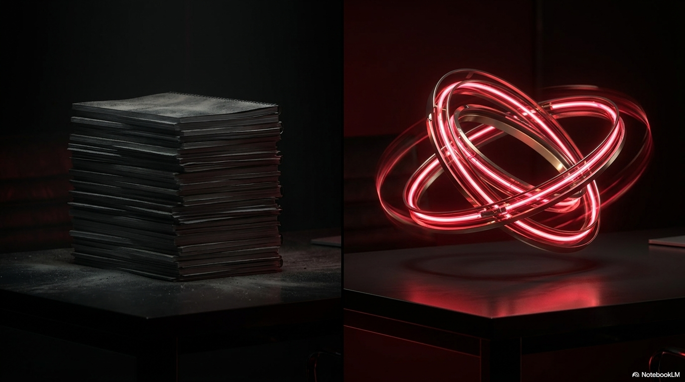 A split image: a dark stack of documents on the left, a glowing red neon orbital ring on the right, representing the shift from static document review to dynamic AI-assisted analysis.