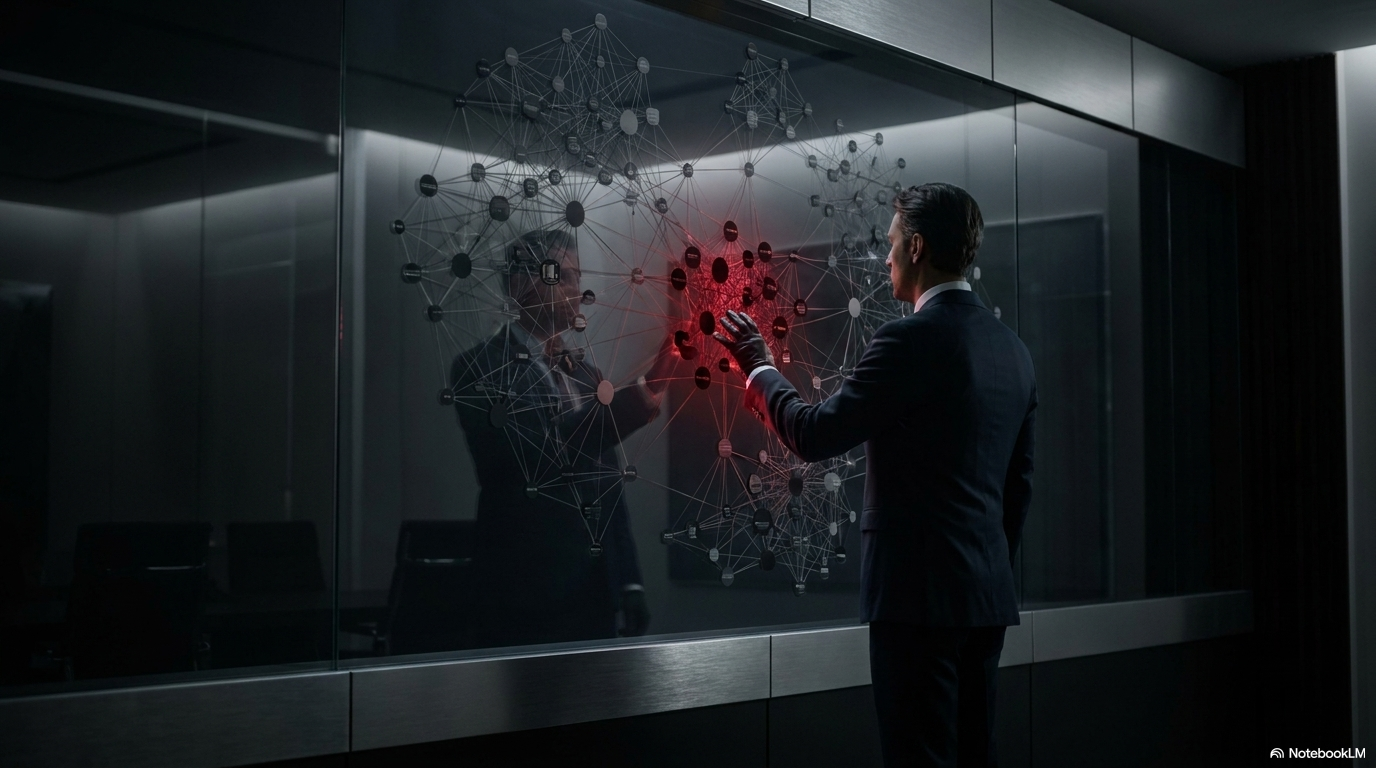 A suited executive touching a glass panel as a red node network spreads from the contact point, representing a recommendation engine that activates from a single user signal.