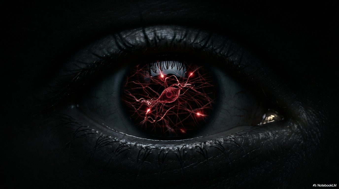 An extreme close-up of an eye with a red neural network traced in the iris, representing AI-powered continuous surveillance of communications and transactions.
