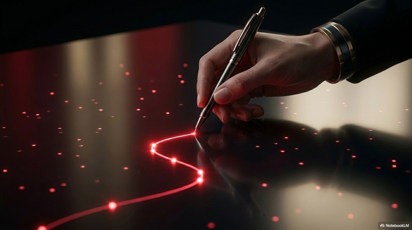 Hand tracing a glowing red light path in darkness: intent-driven development, designing the path before writing a single line of code.