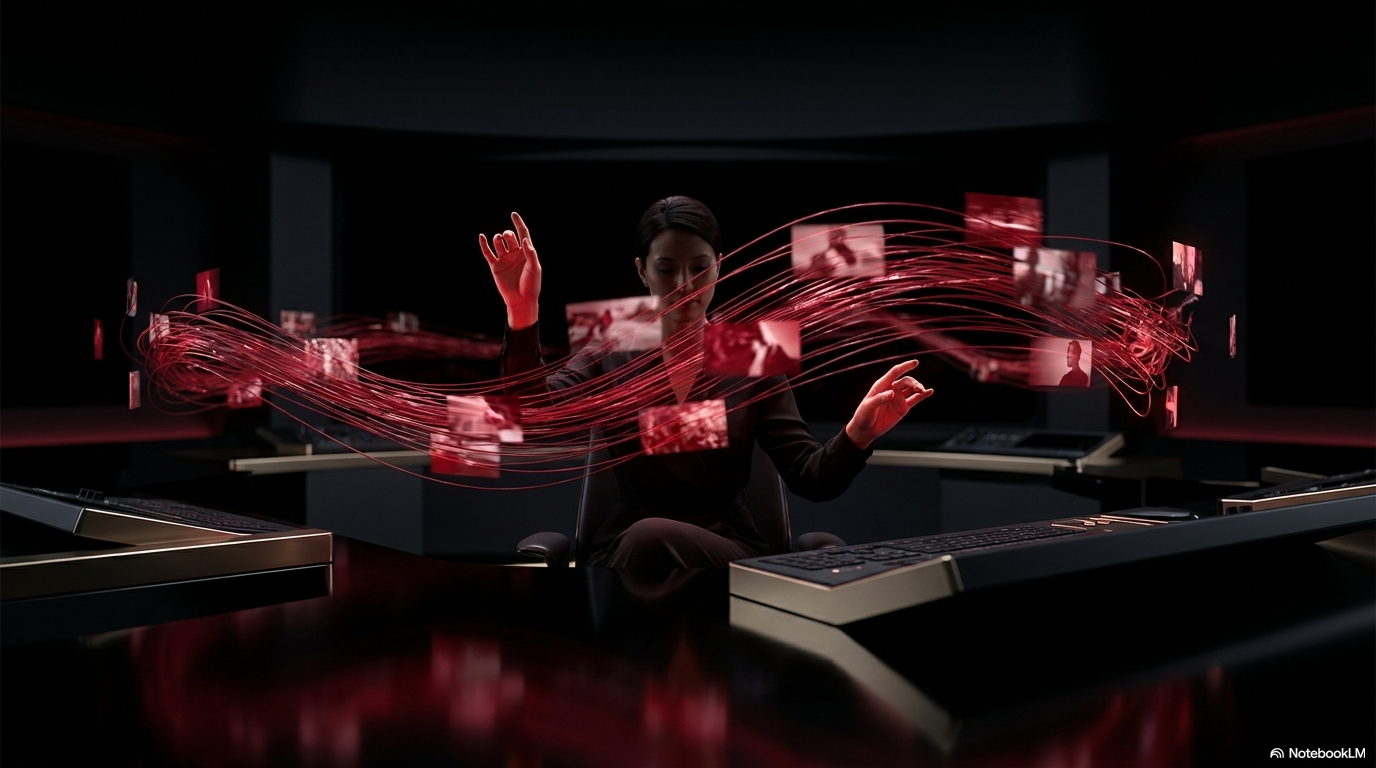 A figure surrounded by red streaming data ribbons in a circular space, representing the continuous content and broadcast data flows that media AI must process.