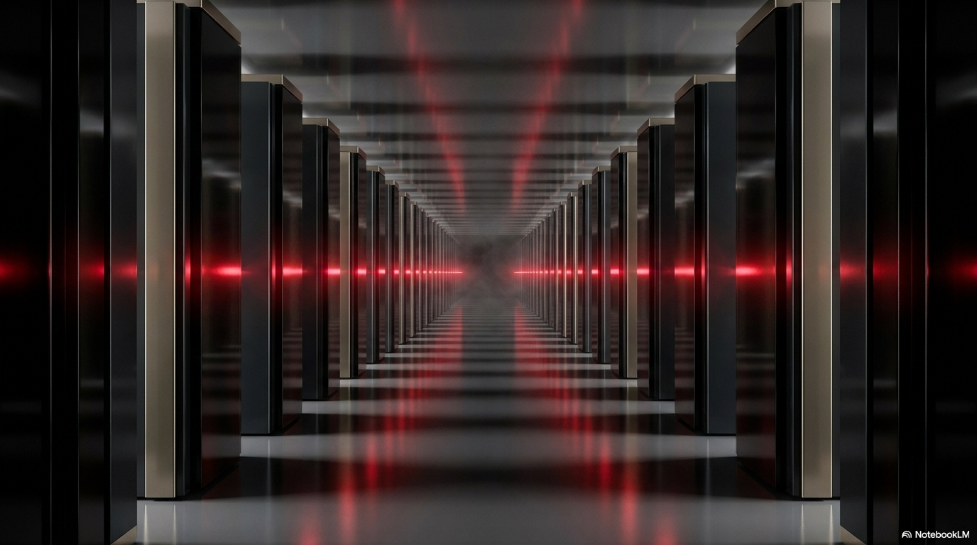 An infinite mirrored server corridor with red bands, representing a hyperscaler generative AI service.
