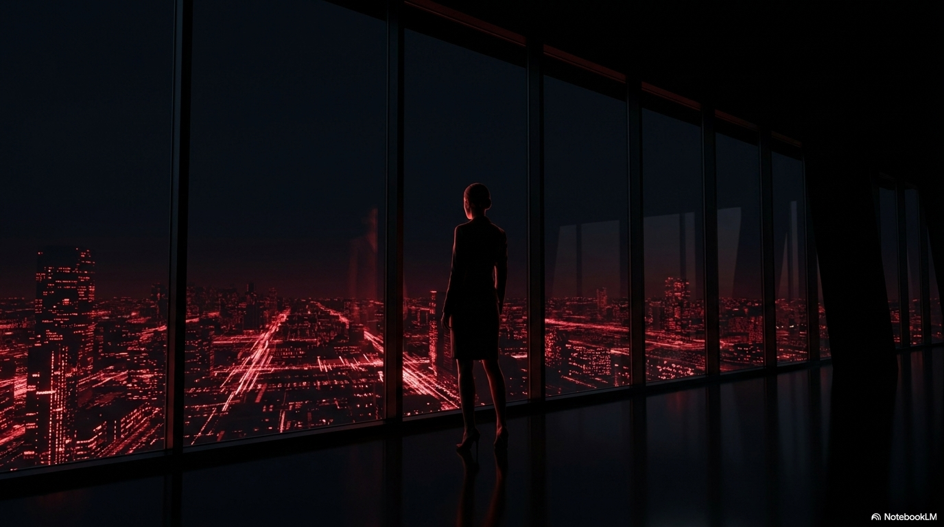 A lone silhouette at a city-view window at night, red light below, representing the creative director who directs the whole system from above.