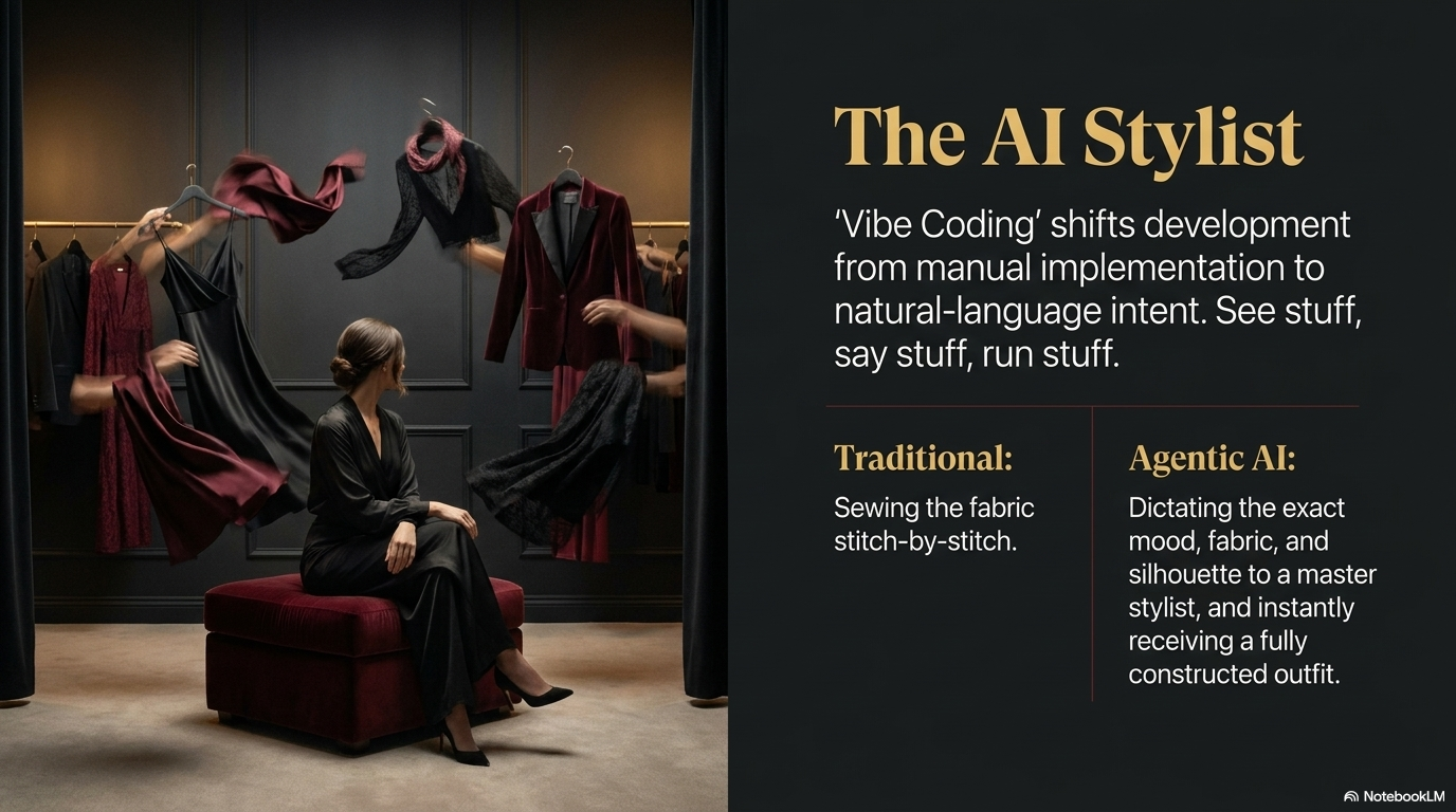 A person seated in a dark leather atelier chair with arms gesturing outward, dark garments seemingly arranged around them: describing intent, receiving execution.
