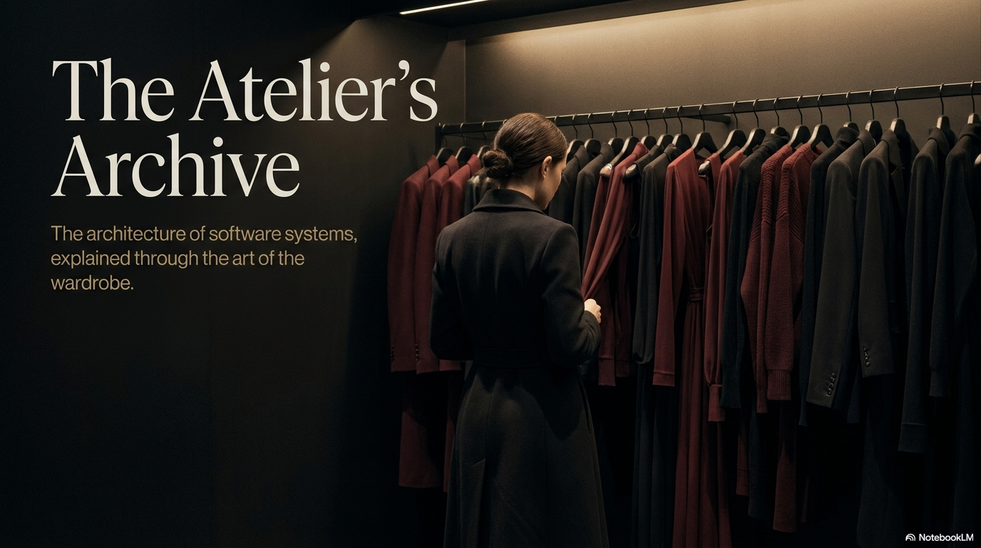 A person browsing a curated archive of dark garments on long rails: exploring the collection with intent, not impulse.