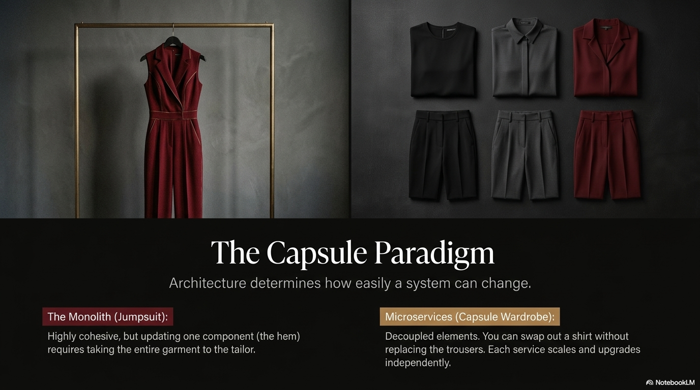 Left: a single dark jumpsuit hanging alone: one cohesive piece. Right: four separate garments laid flat: each independent and swappable. Monolith vs capsule wardrobe.