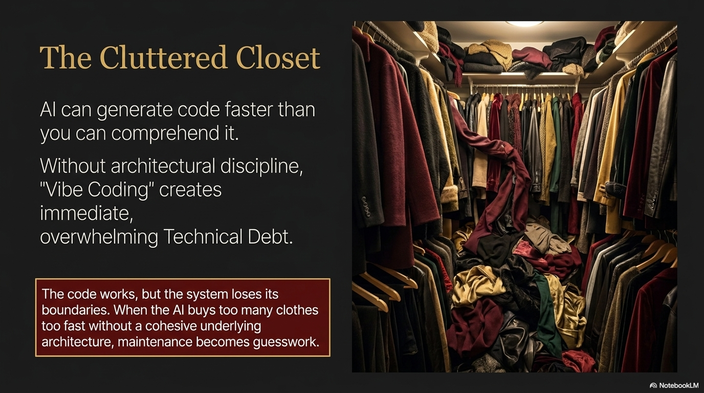 A closet overflowing with garments pushed together without system or order, representing code that grew fast without structure and is now expensive to navigate.