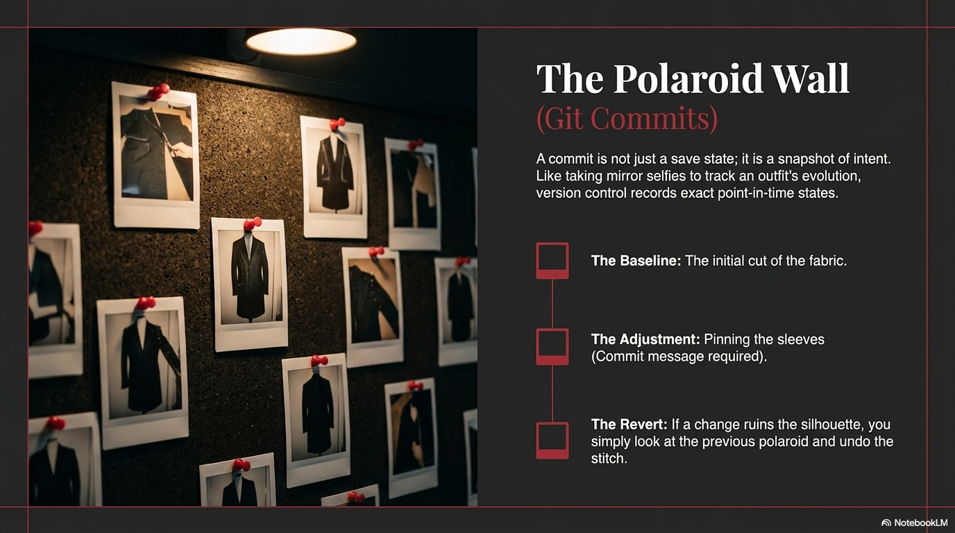 A cork board covered in Polaroid photographs of outfits arranged chronologically, each pinned with a deep red pin: commits pinned to the wall of project history.