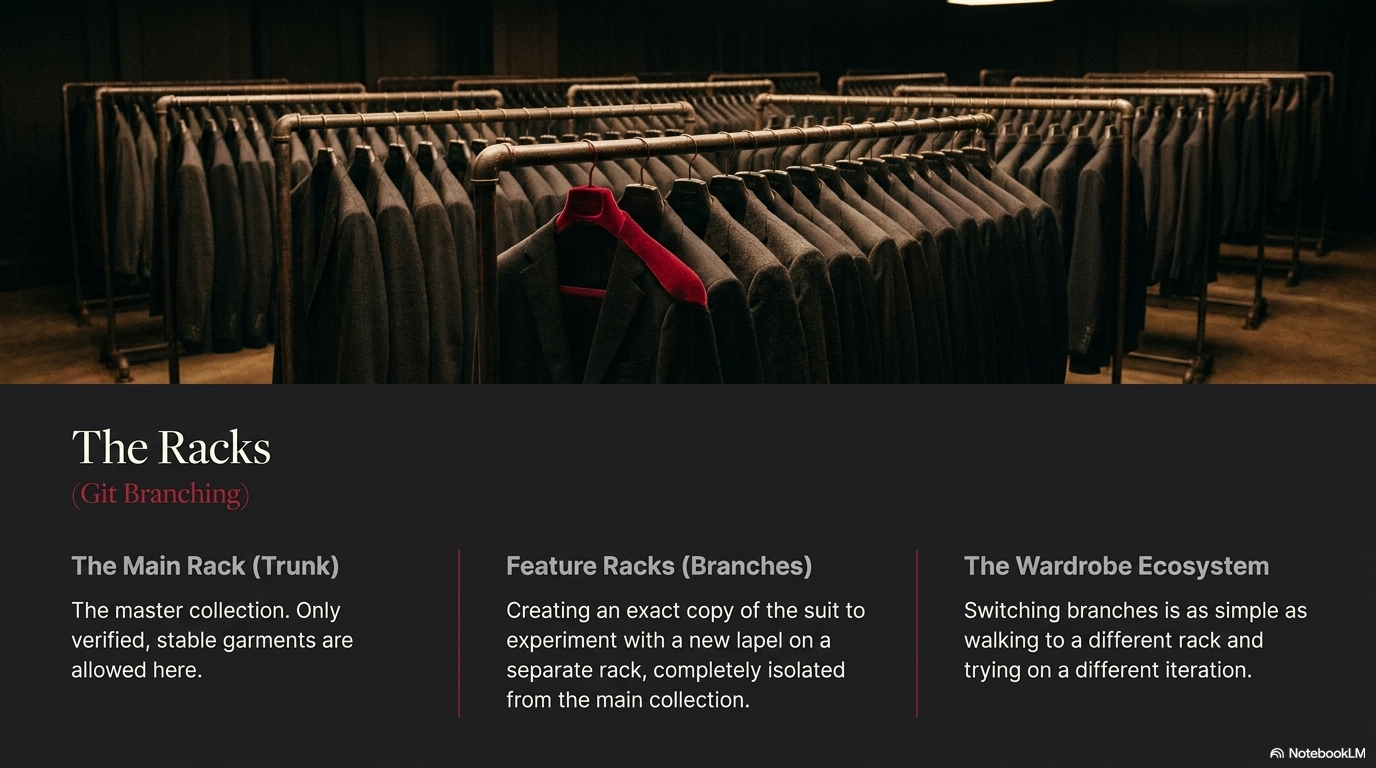 Two dark clothing racks side by side in an atelier: parallel tracks of work in progress, each isolated until the merge point.