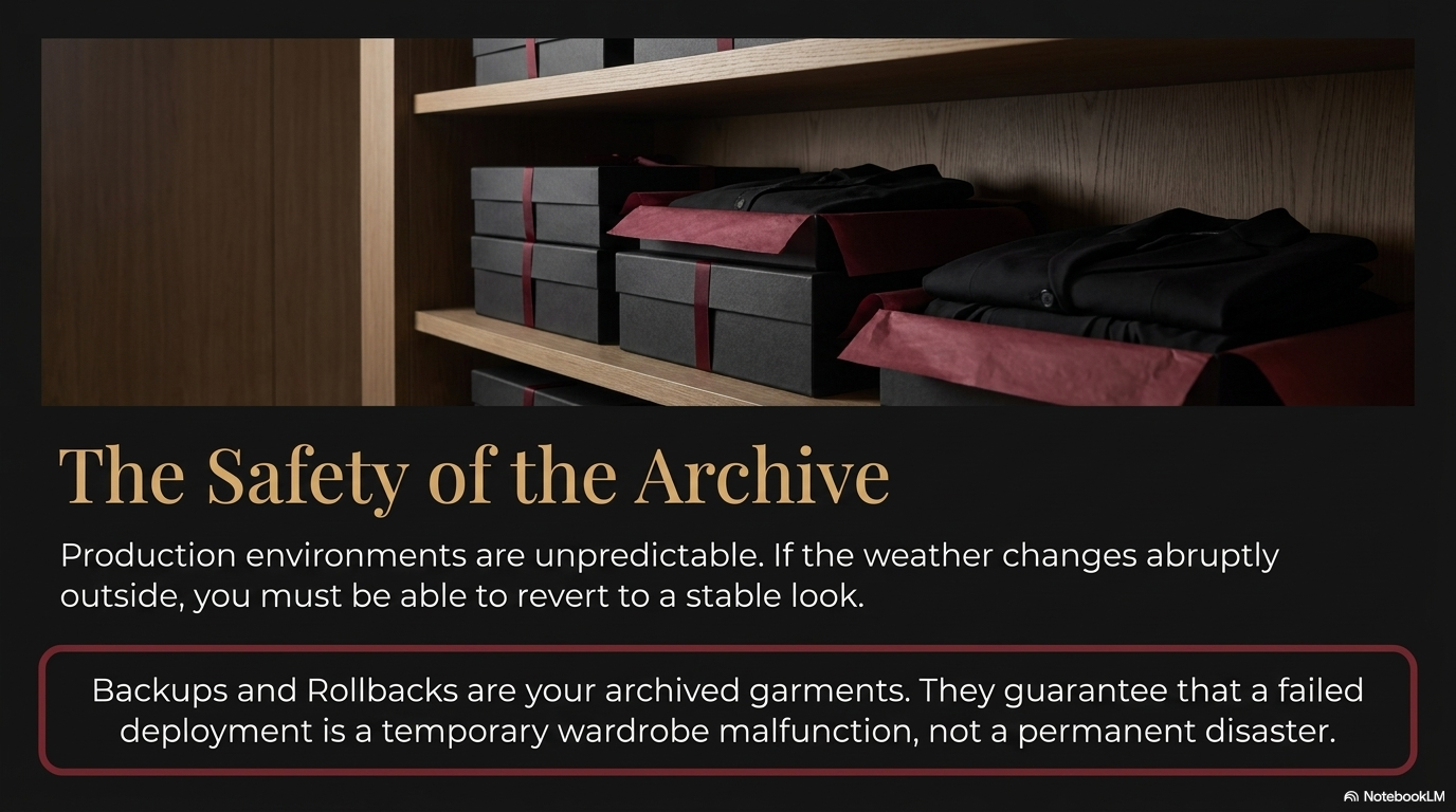 Dark wardrobe shelving unit with neat stacks of folded garments on each shelf, each section labelled: organized state that persists across sessions.