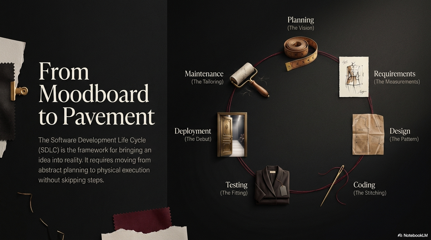 From moodboard to pavement: five objects arranged in sequence: mood board, pattern pieces, fitted garment, finished item, street-ready deployment.