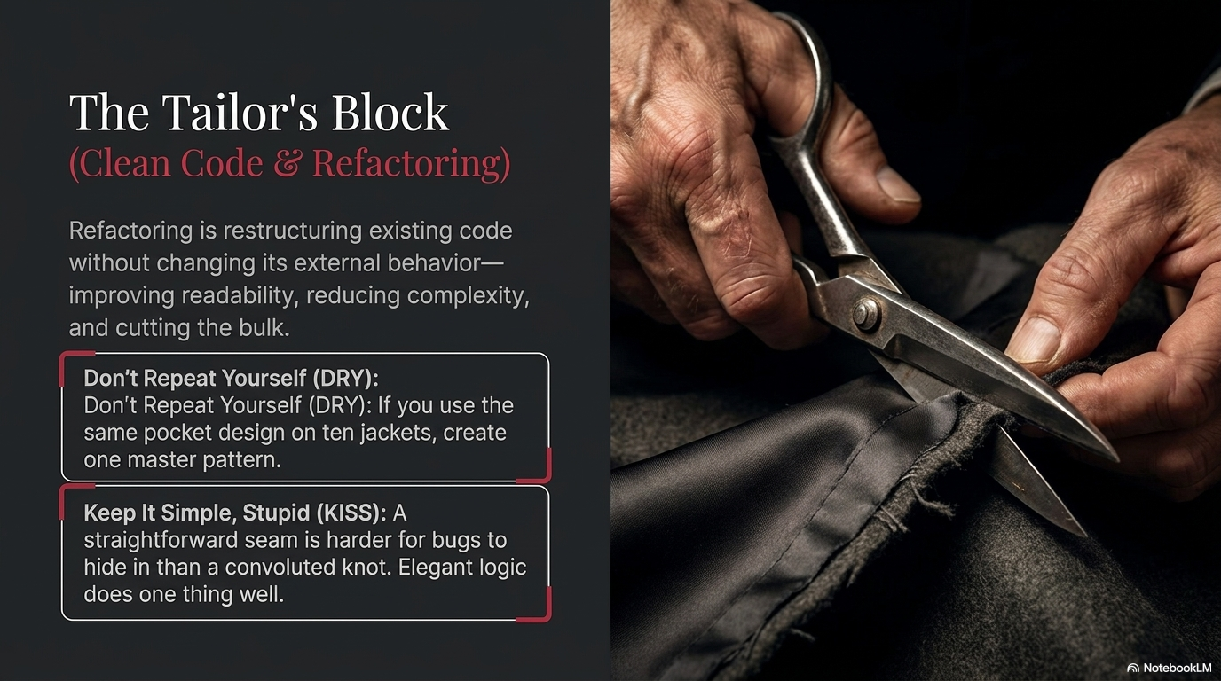 A tailor's hands using precision scissors to cut a clean line through dark suiting cloth: ruthless precision, single purpose, no waste.